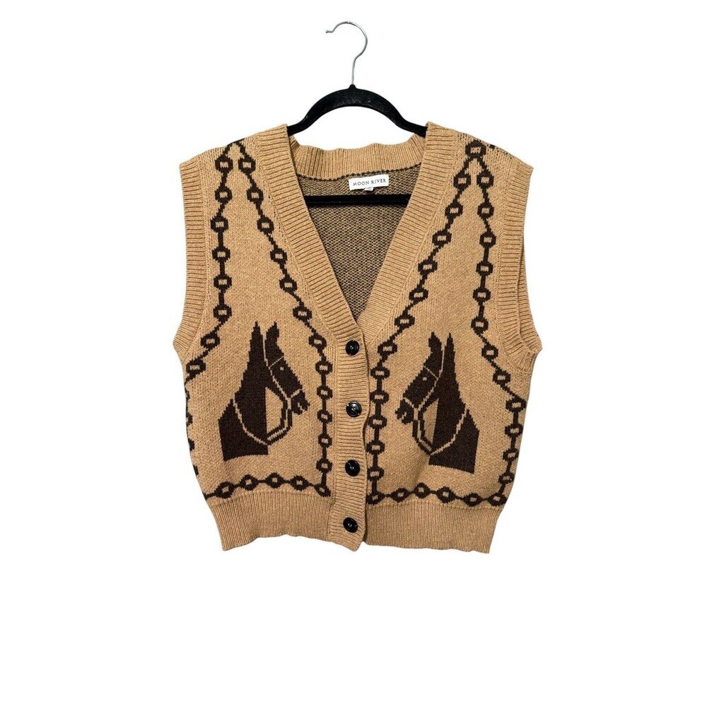 Moon River Horse Graphic Sweater Vest Button Front Knit Western Medium